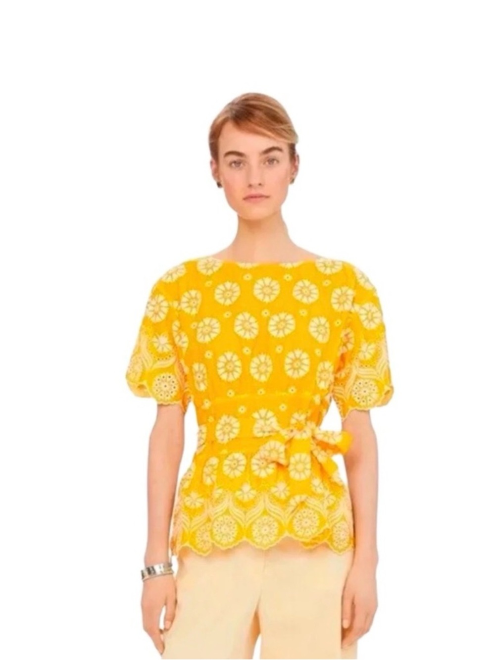 Tory Burch Women's Yellow Eyelet Peplum Top with Self-Fabric Belt